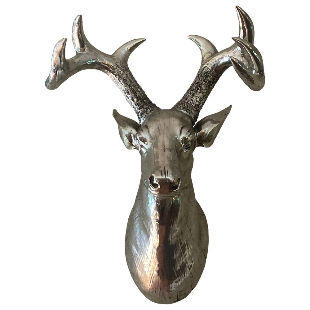 Wall Mounted Deer Stag Faux Head & Antlers 12"x19" Large Silver Bling